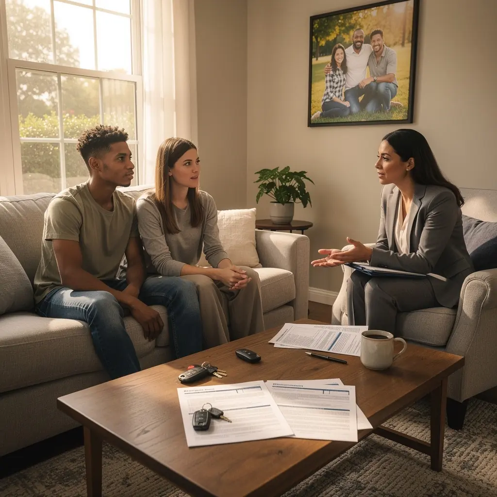 Zderzenie samochodu na skrzyżowaniu, pokazujące uszkodzenia pojazdu.